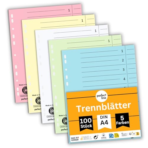perfect line - 100 Trennblätter, 5 Pastell-Farben - stabiles Recycling-Papier, für DIN-A4 Ordner und Ringbücher - für Büro, Schule oder zu Hause - Blauer Engel zertifiziert