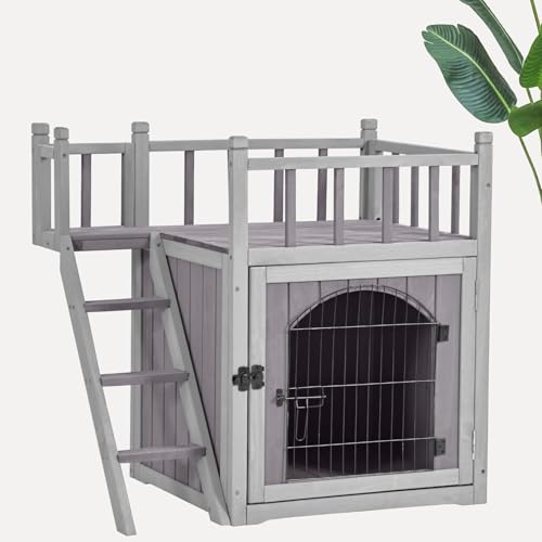MEDEHOO Cat House Outdoor or Indoor, Wooden Feral Cat Shelter with Large Balcony and Stairs, Kitty House with Lockable Wire Door
