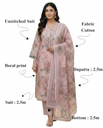 Image of KTI Women Floral Printed Cotton Suit for Women Unstitched - 2.5m Ethnic Salwar Suit Dress Material