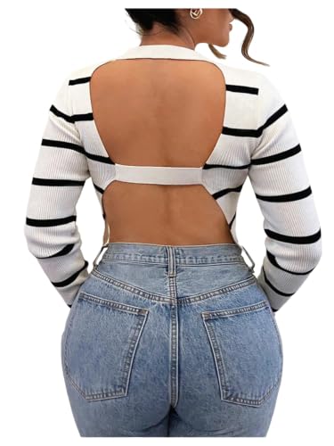 SHENHE Womens Striped Open Back Sweater Ribbed Knit Cut Out Backless Cropped Sweater Pullover Black and White Medium