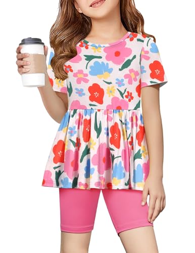 Image of Arshiner Girls Summer Outfits Short Sleeve Ruffle Hem Top and Biker Shorts Set Girl Clothes 4-15 Years