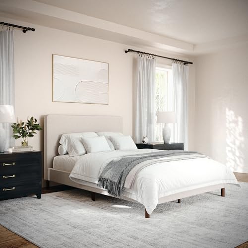 Image of Martha Stewart Britta Platform Bed with Headboard & Footboard, Faux Linen Upholstery with Piping Detail, Rounded Headboard, No Box Spring Needed, Full, Beige