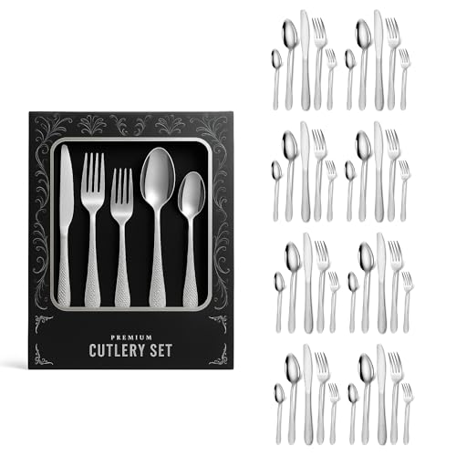 Image of aDai Premium 20 Piece Stainless Steel Cutlery Set | Elegant Hammered Handle Flatware | Includes Spoon Fork Knife Teaspoon | Durable Rust Resistant | Perfect for Gifting (Silver)