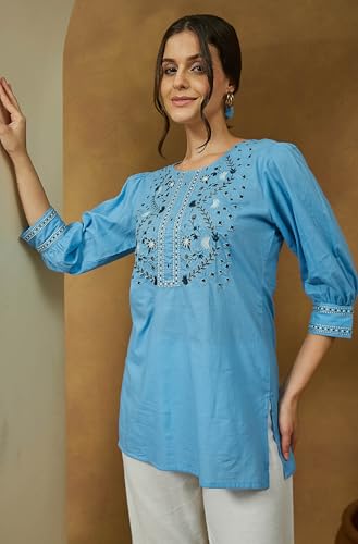 Image of Janasya Women's Pure Cotton Embroidered Straight Tunic