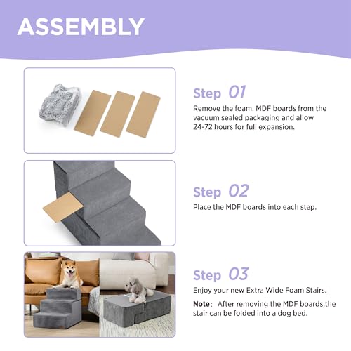 Image of Lesure Dog Stairs for Small Dogs and Cats 16.5 inch H x 18 inch W Extra Wide 3-Step Foldable Foam Pet Steps for Couch Sofa and Chairs with Supporting Board and Non-Slip Bottom, Grey