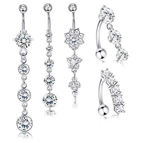 Jstyle 5Pcs 14G Stainless Steel Dangle Belly Button Rings for Women Girls Reverse Navel Rings Curved Barbell CZ Body Piercing