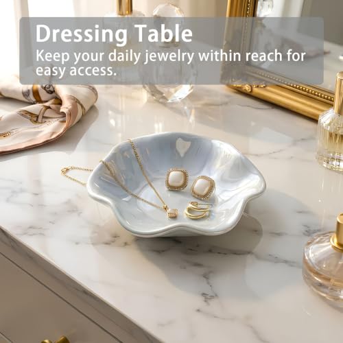 Image of Iridescent Blue Jewelry Dish Tray, Pearlescent Glaze Ring Dish, Ceramic Trinket Tray, Key Bowl, Aesthetic Nightstand Bathroom Room Decor Mothers Day Friendship Christmas Birthday Gifts for Women