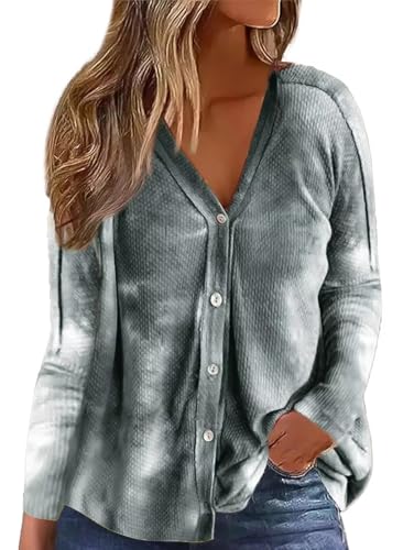 Image of Flamingals Casual Long Sleeve V-Neck Tie Dye Knit Button Up Fall Trendy Loose Pullover Tops Gray M