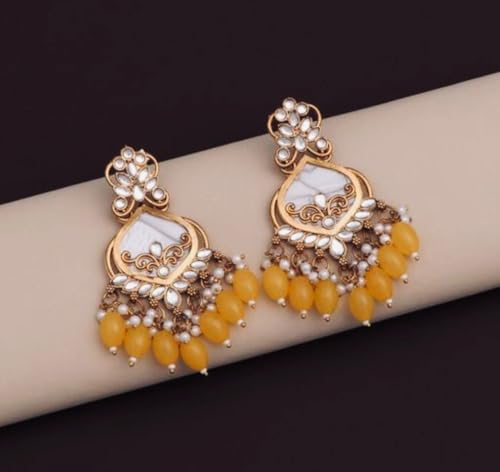 Image of Traditional 20K Gold Plated Kundan Chandbali Earrings with Black Beads and Faux Pearls for Women - Ethnic Wedding & Partyy Wear Statement Jewelry