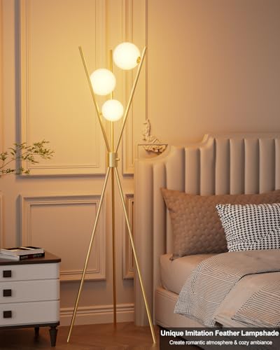 Image of Lightdot Tripod Floor Lamp Stepless Dimmable Globe Modern Floor Lamp Gold Standing Lamps with 3PCS 3000K Bulbs Included Mid Century Modern Floor Lamps for Living Room /Bedroom /Sofa Beside /Corner Decor