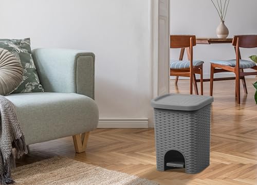 Image of Superio 2-Pack Mini 6L Step Pedal Trash Can - Wicker Design, Hidden Mechanism, Durable Plastic, Ideal for Desktop, Countertop, Pet Waste /Dog Poop- Grey