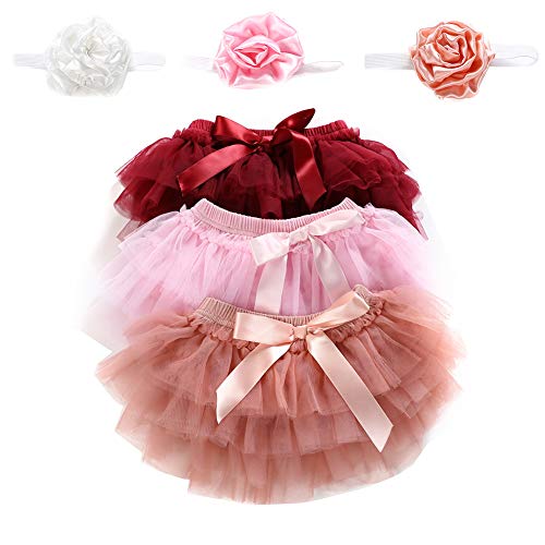 Newborn Baby Girls 3 Layers Ruffles Tulle Skirt with Bow Baby Bloomer Diaper Cover Photo Photography Prop Tutu and Headband Set (Pink, 18-24M)