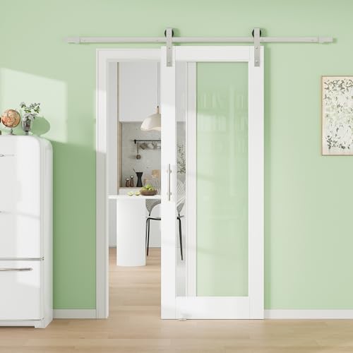 Image of 18 inch x 80 inch 1-Lite Solid Core MDF Panel Barn Door with Trimmable 72 inch Track Kit, Paintable Sliding Barn Doors for Closet Kitchen Bedroom Excellent Sound & Thermal Insulation, Nickel-Plated Hardware Kit
