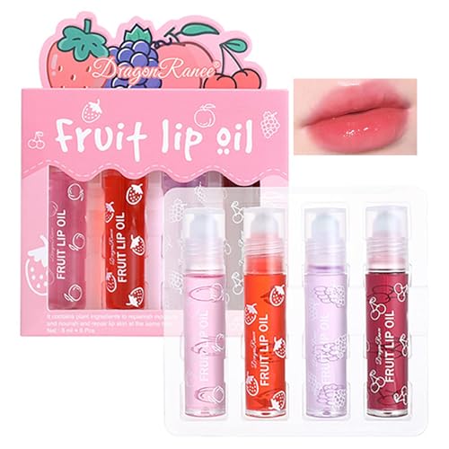 4PCS Roll On Lip Gloss,Huile À Lèvres Transparente fruitées, Baume À Lèvres Nourrissant et Hydratant,Roll-on Lip Gloss Enfant (Pêche, Fraise, Raisin, Cerise)