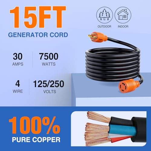 Image of Nilight 30 Amp 15FT Generator Extension Cord 125 /250V 7500 Watt Heavy Duty 10 Gauge Pure Copper STW Wire ETL Listed 4 Prong L14-30P L14-30R Cable for RV Camper Outdoor Use