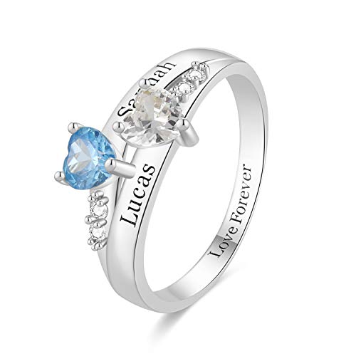 RESVIVI Sterling Silver Customized Name Rings with 2-5 Birthstones Engraving Personalized Stacking Name Rings (2 Names Silver)