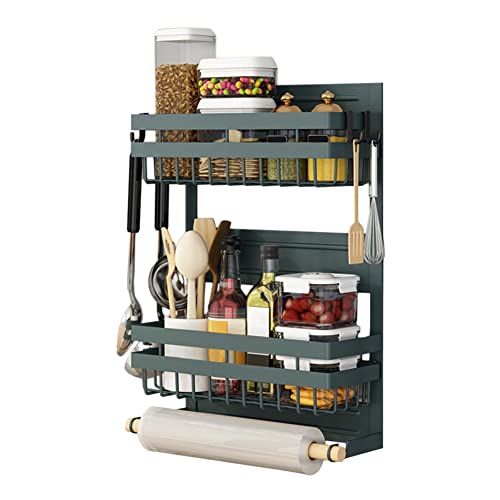 Redwestmelon Magnetic Fridge Spice Rack 3 Tier Kitchen Condiment Seasoning Storage Organizer Shelf, Refrigerator Side Rack with Paper Towel Holder and 4 Removable Mobile Hooks