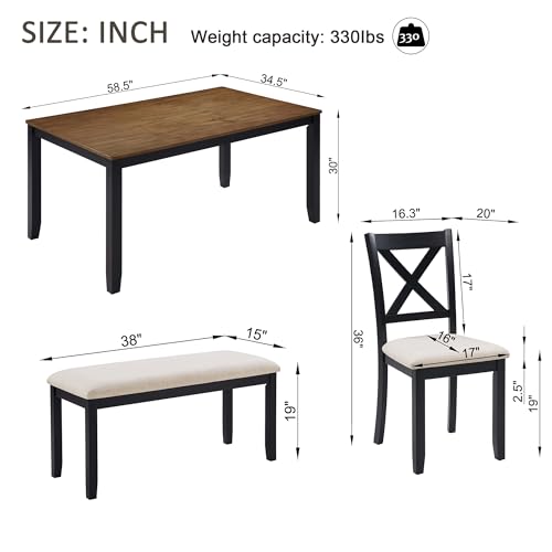 Image of Harper & Bright Designs Dining Table Set for 6 with Bench, 6-Piece Farmhouse Kitchen Set in Black & Oak Two-Tone, Solid Wood Frame Table & 4 Chairs for Dining Room