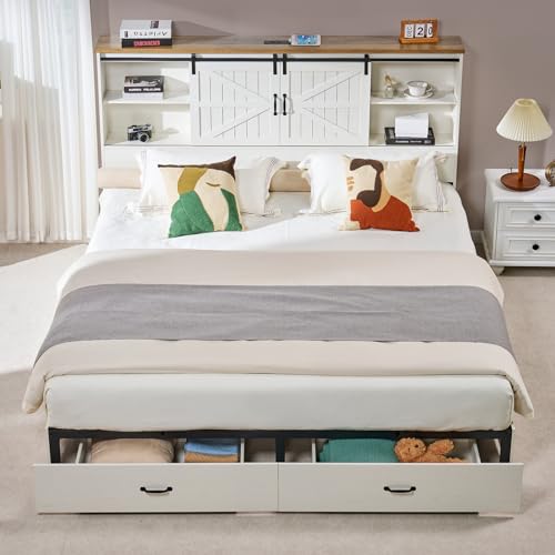image for VanAcc Farmhouse Queen Bed Frame, Wooden Platform Storage Bed with 51.