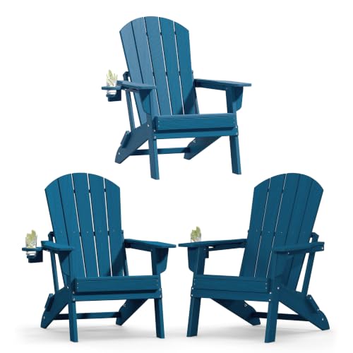 Image of Plawdlik Folding Adirondack Chair Set of 3, Cup Holder, Navy Blue | pin-free folding, 38-in tall back, Wood-grain All-weather HDPE; for fire pit, poolside, deck, backyard, patio