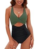 Blooming Jelly Women One Piece Swimsuits Tummy Control Modest Bathing Suit Full Coverage Swim Suits 2025 (L,Black Green)