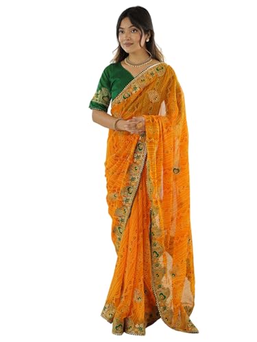 Image of Satrani Women's Georgette Bandhani Printed Embroidered gota lace Saree with Unstitched Blouse Piece