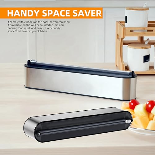 Miniatura 5 de Quasziwa Dispensador Papel Aluminio Y Film - Aspecto Inox, Montaje Magnético Pared Sin Taladrar, Cortador Film Transparente, Corte Preciso, Organizador Cocina Profesional - Para Rollo De 31cm, Plata