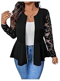 WDIRARA Women's Plus Size Lace Zip Up Jacket Mesh Long Sleeve Ruffle Outerwear Peplum Jackets Black X-Large Plus