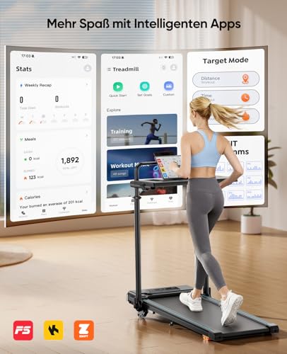 RUNIMON 6-IN-1 Laufband für Zuhause Klappbar mit Abnehmbarem Tisch,3.0HP Laufbander mit Steigung bis 12%,12KM/H Walking Pad Klappbar mit 15cm Teleskop-Riser&RGB-Lichter,Laufband für Zuhause 150KG - Verwendungsansicht 7 | Tages Deals