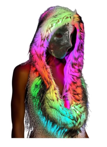 BUDYLILI Women Sexy Hodded Vest with Smart LED Light Scarf Halter Top Sexy Backless Fuzzy Halter Tops Club Outfits For Music Festival Party S