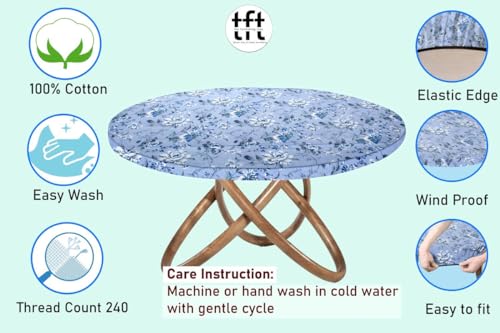 Image of The Furnishing Tree Elastic Cotton Round Dining Table Cover 54x54 in Inches Floral White Rose on Blue Base