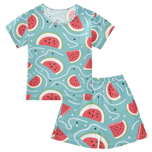 ALAZA Watermelon Slices Blue Pajamas Set Short Sleeve Cotton Sleepwear Summer Pjs 2 Piece 5-14Y
