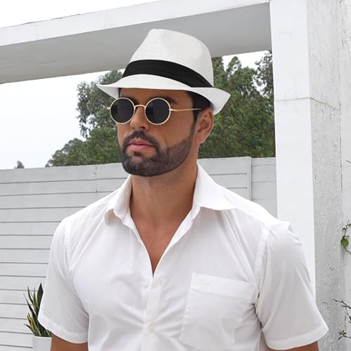 Image of Straw Trilby Fedora Hat for Men Women 1920s Panama Hat Short Brim Summer Beach Sun Hat with Band
