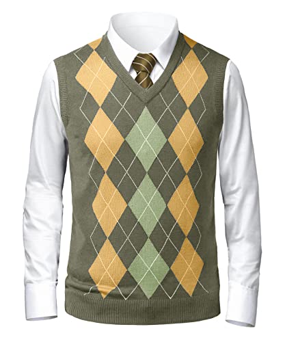 Hestenve Mens Argyle Sweater Vest V Neck Sleeveless Slim Fit Knitwear Pullover Knitted Rib Knit Tops Army Green #TOP18