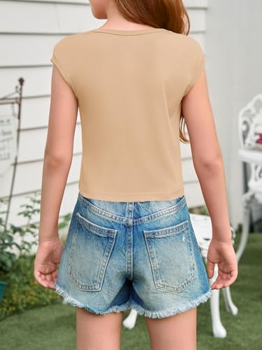 Image of Haloumoning Girls Crop Tops Summer Short Sleeve T Shirts Kids Square Neck Slim Fit Basic Tee