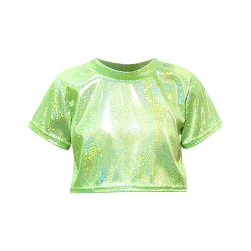Girls Metallic Sparkle Summer Tops Short Sleeve Sequins Round Neck Shiny Crop T-Shirt Kids Performance Oufits for 3-16 Years
