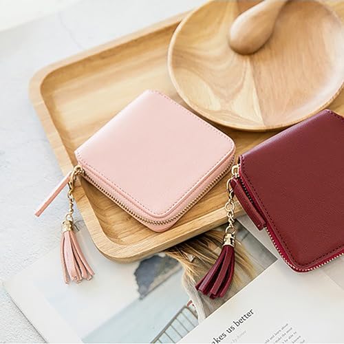 Women Girl Mini Wallet | Square Zip Purse with Tassel | Credit Card Holder | Simple | Clutch Bag (Black), Pink4