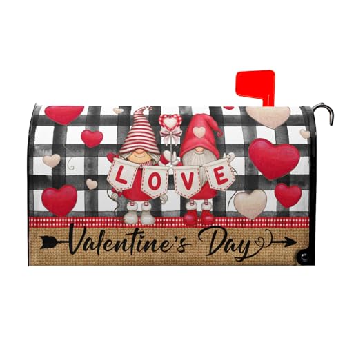 Image of Happy Valentine's Day Mailbox Cover Magnetic Standard Size 18 inch X 21 inch Love Heart Black White Plaid Decorative Mailbox Covers Ventine's Gnomes Decor Mailbox Post Letter Box Cover for Outdoor Decor
