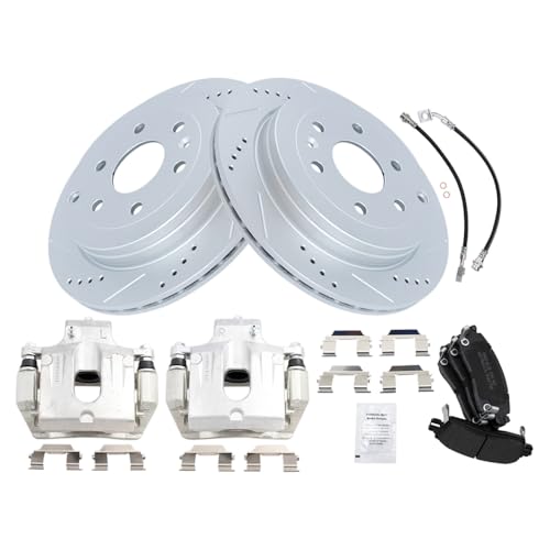Image of TRQ Brake Pad & Rotor Kit Slotted X Drilled Performance Semi-Metallic Compatible with 2008-2016 Buick Enclave 2009-2017 Chevrolet Traverse 2007-2016 GMC Acadia 2007-2010 Saturn Outlook