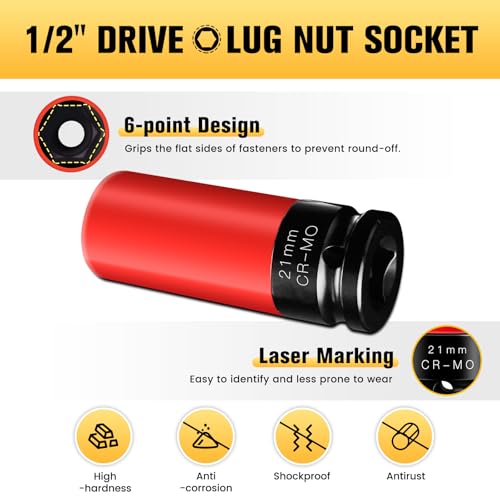 Image of BOEN 21mm 1 /2 inch Drive Wheel Protector Impact Socket, Non-Marring Lug Nut Thin Wall Deep Socket Set, Chrome-Molybdenum Steel, 6 Point, Color-Coded Protective Socket (Pack of 2)