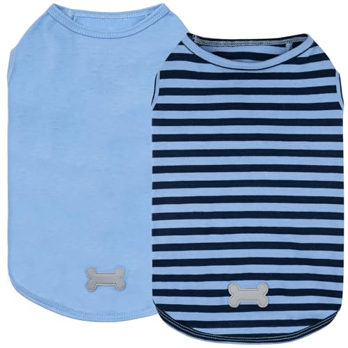 KYEESE 2Pack Dog Shirts Small Tee Soft for Small Dogs Striped T Shirt Lightweight Sleeveless Vest Cotton Tank Top Clothes, Large,Dark Blue+Striped