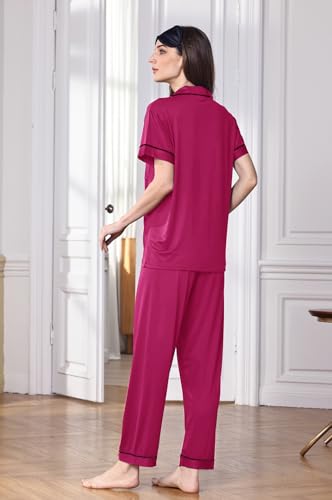 Image of WJing Yi Jia Womens Soft Pajamas Set XS-XXL Button Down Sleepwear Short Sleeves Pajama sets with Long Pants Pj Set Nightwear