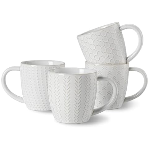Lareina Coffee Mug Set of 4, 12 oz Ceramic Embossment Mug Set for Latte, Hot Tea, Cappuccino, Mocha, Cocoa, Housewarming Wedding Gift, White Cover