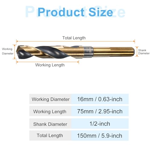 QUARKZMAN M2 HSS Spiralbohrer 16mm, Schaftdurchmesser 1/2, Cobalt Metallbohrer Länge 150mm Bohrer für Edelstahl, Kupfer, Holz, Oxidationsschwarzbeschichtung
