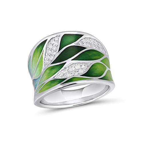 Santuzza 925 Sterling Silver Bamboo Leaves Ring Handmade Enamel Leaf Pattern Ring for Women