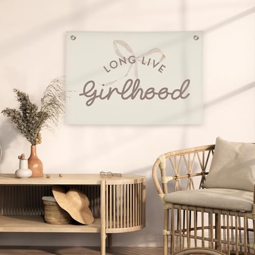 Image of Cute Girls Room Decor，Long Live Girlhood Pink Coquette Girl Nursery Playroom Wall Hanging Linen Banner, Baby Girls Nursery Decor Toddler Teen Kids Bedroom Decorations,Newborn Gift 30x20 girlroom