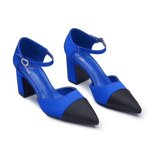Women's Chunky Block Heel Pumps Patchwork Pointed Toe Ankle Strap Heels 3-Inch Dress Shoes for Office, Wedding & Party2