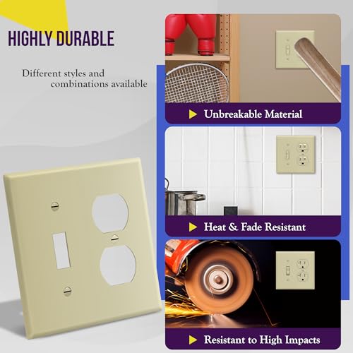 Image of ENERLITES Combination Toggle Light Switch /Duplex Receptacle Outlet Wall Plate Cover, Standard Size 2-Gang 4.50 inch x 4.57 inch, Polycarbonate Thermoplastic, UL Listed, 881121-I, Ivory