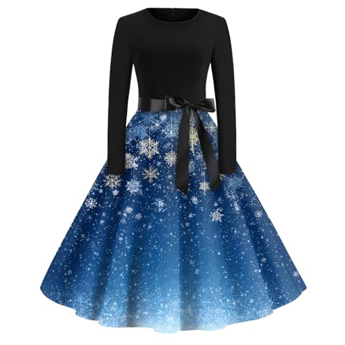 SCBFDI Weihnachtskleid Damen Große Größen, Nikolaus Kostüm Damen, Kleid Plus Size Xmas Schöne Longsleeve Abendessen mit Gürtel Tailliertes...