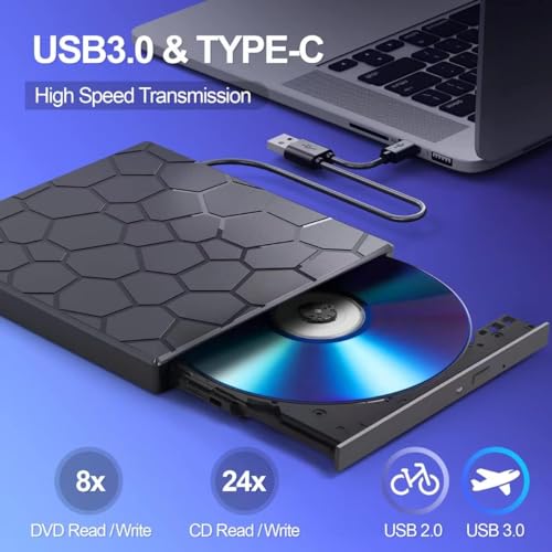 Image of External CD /DVD Drive, DVD Player for Laptop, 8 in 1 USB 3.0 Ultra-Slim Portable, CD Burner External Disk Drive Optical Compatible with Laptop Desktop Mac,Windows 11 /10 /8 /7 Linux